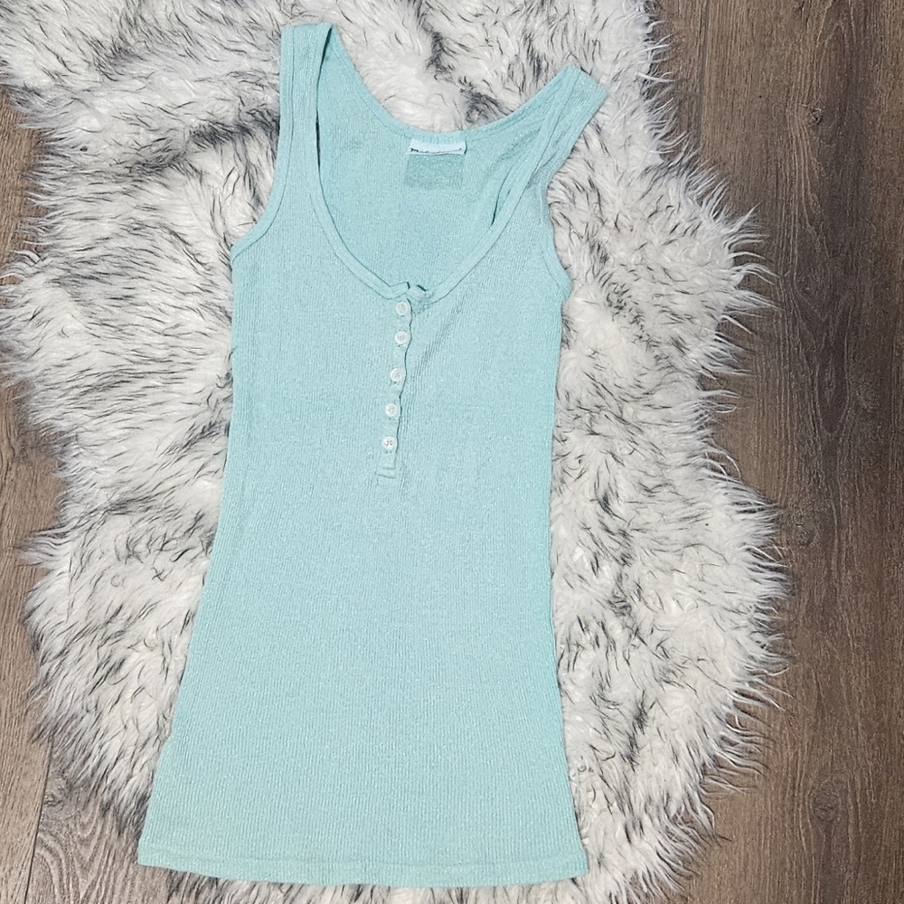 Vintage Mint Green Shimmery Ribbed Henley Tank Top By Michael Stars